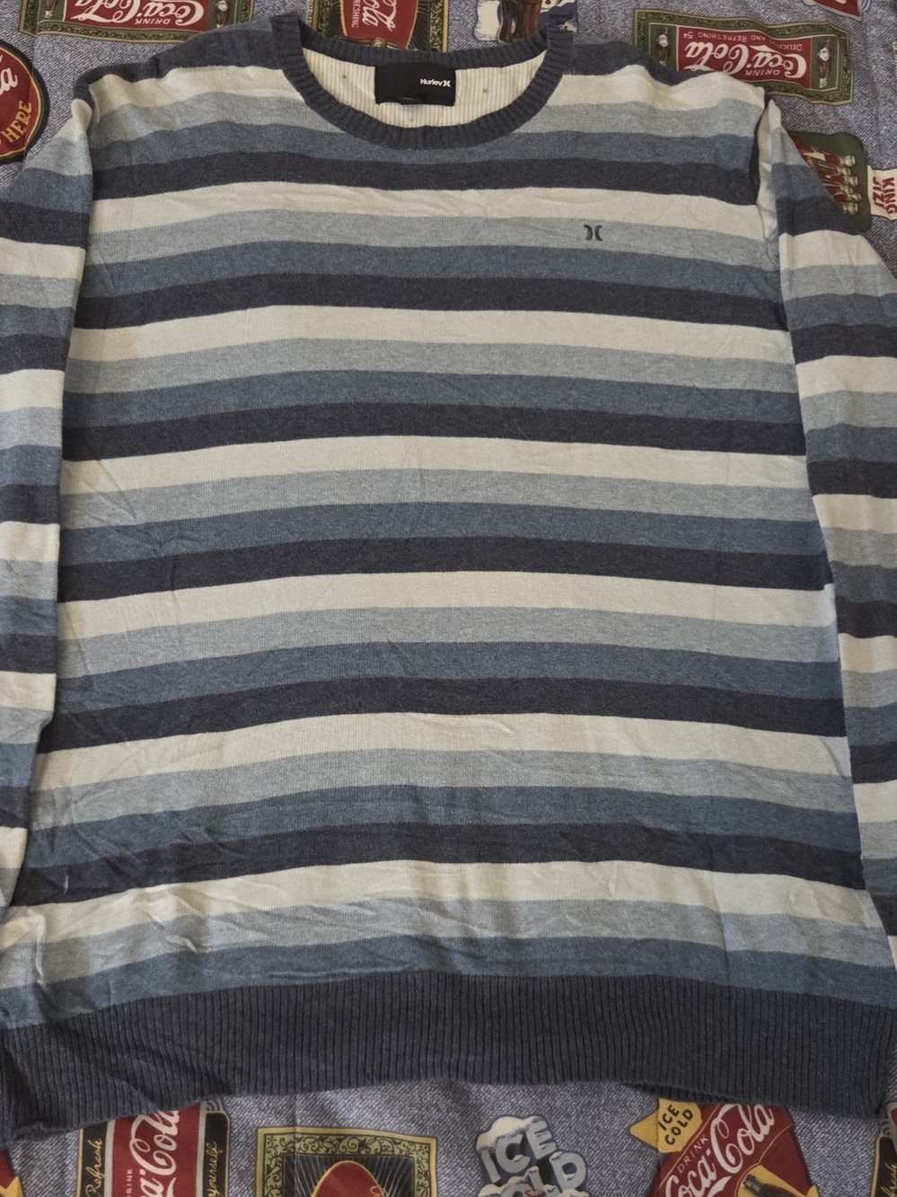 Hurley Men's Blue and White Horizontal Stripe Crewneck Sweater